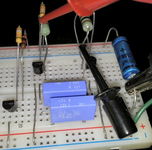 Multivibrator components on solderless breadboard